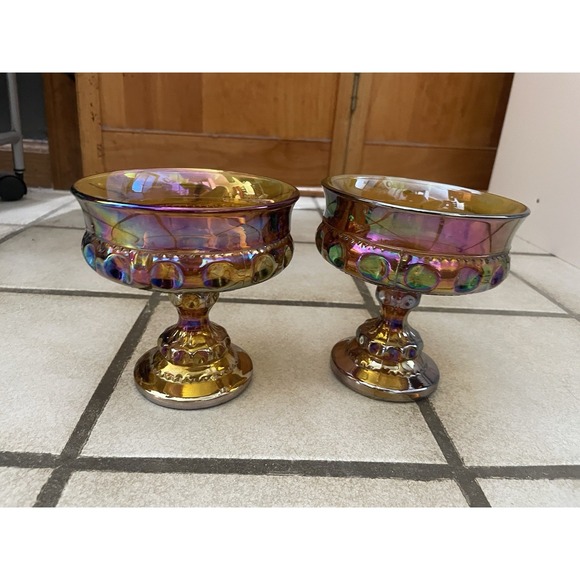 Indiana Carnival Glass Kings Crown Thumbprint Amber Pedestal‎ Set Of 2 - Picture 1 of 11
